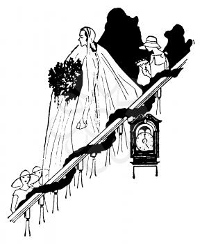 Royalty Free Clipart Image of a Bride Walking Down the Stairs