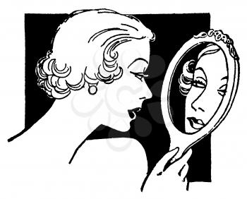 Royalty Free Clipart Image of a Woman Admiring Her Reflection in the Mirror
