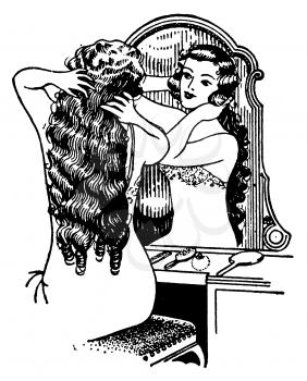 Royalty Free Clipart Image of a Woman Sitting in Front of a Mirror Playing with her Hair 