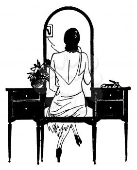 Royalty Free Clipart Image of a Woman Sitting in Front of a Vanity