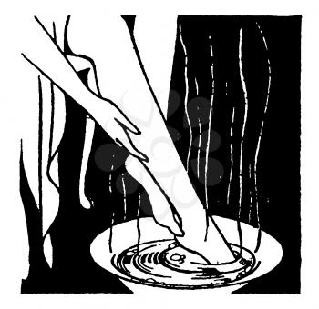 Royalty Free Clipart Image of a Woman Soaking Her Feet In a Dish of Hot Water 