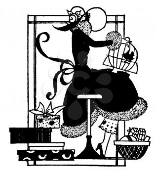 Royalty Free Clipart Image of a Woman Sitting on a Stool with a Bird Cage on Her Lap