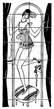 Royalty Free Clipart Image of a Woman Dancing in Front of the Window in Her Nightwear 