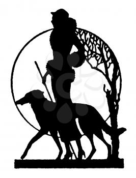 Royalty Free Silhouette Clipart Image of a Woman Walking Her Dog 