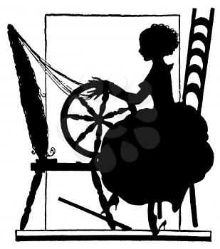 Royalty Free Silhouette Clipart Image of a Woman Weaving on a Spinning Wheel 