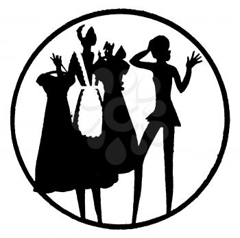 Royalty Free Silhouette Clipart Image of a Maid Helping Her Friend Pick out Clothes