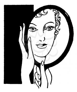 Royalty Free Clipart Image of a Woman's Face Reflection Through a Mirror