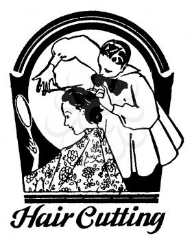 Royalty Free Clipart Image of a Vintage Hair Cutting Advertisement 