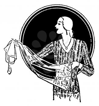 Royalty Free Clipart Image of a Woman Displaying a Dress