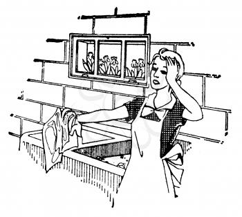 Royalty Free Clipart Image of a Woman Looking Concerned Doing Laundry 