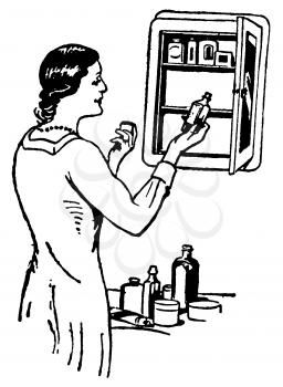 Royalty Free Clipart Image of a Woman Looking at Medicine in Her Medicine Cabinet 