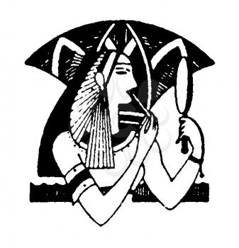 Royalty Free Clipart Image of an Egyptian hyroglific Doing its Make-up in the Mirror 
