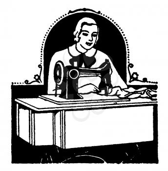Royalty Free Clipart Image of a Woman Sewing With a Sewing Machine 