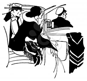Royalty Free Clipart Image of a Couple Riding in an Old styled Taxi 