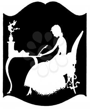 Royalty Free Silhouette Clipart Image of a Woman Writing a Letter at Her Desk