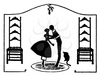 Royalty Free Silhouette Clipart Image of a Boy and a Girl About to Kiss Under the Mistletoe 