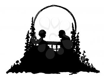 Royalty Free Silhouette Clipart Image of a Couple Sitting on a Bench Outdoors 