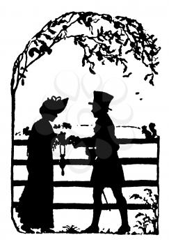 Royalty Free Silhouette Clipart Image of a Couple Leaning on the Fence Holding Hands
