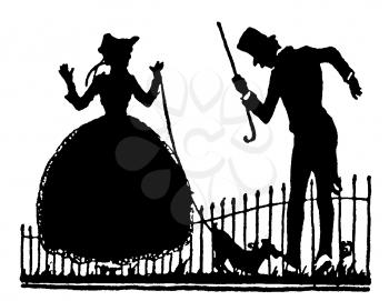 Royalty Free Silhouette Clipart Image of a Man Upset With a Woman's Dog For Biting His Pant Leg 