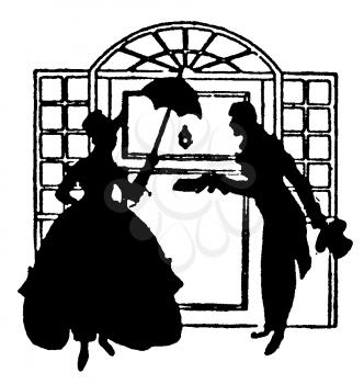 Royalty Free Silhouette Clipart Image of a Gentleman Handing Something to a Lady