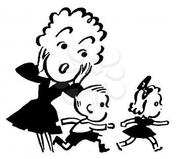 Royalty Free Clipart Image of a Cartoon Mother Looking Worried Her Children Are Running Around