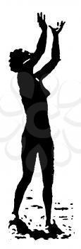Royalty Free Silhouette Clipart Image of a Naked Woman With Her Hands Above Her Head Ready to Catch Something 