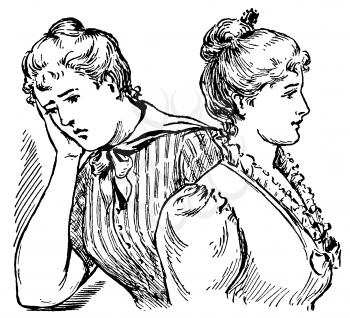Royalty Free Clipart Image of Two Women, One is Sad and One is Content 
