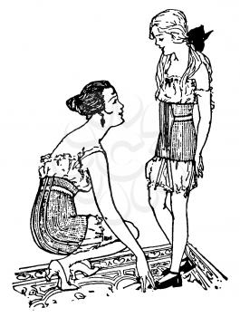 Royalty Free Clipart Image of a Mother and a Daughter Getting Dressed