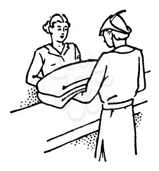 Royalty Free Clipart Image of a Man Handing off His Dry Cleaning to the Dry Clean Woman
