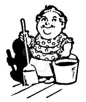 Royalty Free Clipart Image of a Cartoon Woman Holding a Broom and Bucket