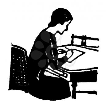 Royalty Free Clipart Image of a Woman Sitting at Her Desk Writing a Letter 