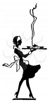 Royalty Free Silhouette Clipart Image of a Maid Serving Tea