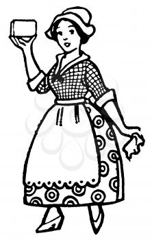 Royalty Free Clipart Image of a Milk Maid Holding Up a Stick of Butter