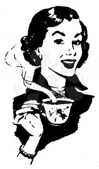Royalty Free Clipart Image of a Woman Holding a Full Tea Cup 