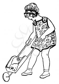 Royalty Free Clipart Image of a Little Girl Toting Around Her Puppy in a Wheelbarrow  