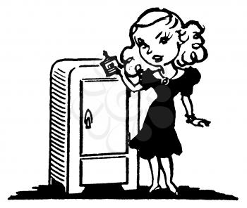 Royalty Free Clipart Image of a Cartoon Woman Taking a Bottle From the Fridge