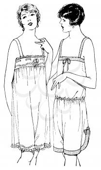 Royalty Free Clipart Image of a Pair of Women Standing in Their Nightwear 