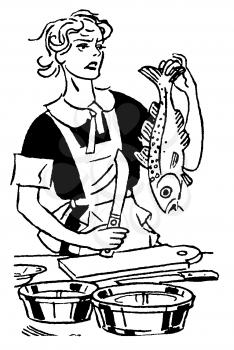 Royalty Free Clipart Image of a Woman Looking Unhappy To Cook Fish 