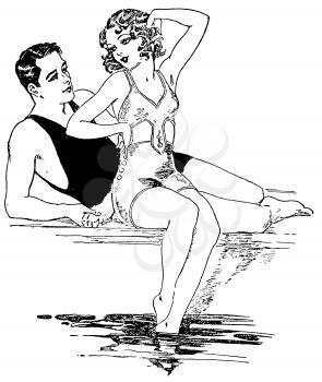 Royalty Free Clipart Image of a Couple Hanging out at the Pool 