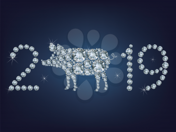Happy new year 2019 creative greeting card with Pig made up a lot of diamonds
