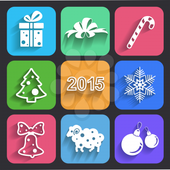 Set of christmas and new year flat icons with long shadows. 