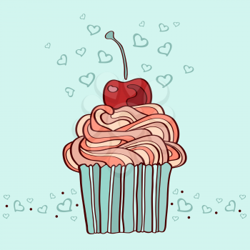 Vector hand drawn illustration of cupcake with cherry 