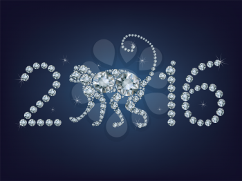 Happy new year 2016 creative greeting card with monkey made up a lot of diamonds 