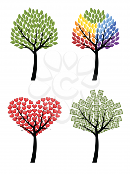 Set of trees. Eco, rainbow, hearts, money. Concept vector illustration.