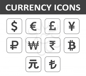 Currency Icons Set. Black over white background.