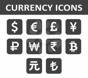 Currency Icons Set. White over black.