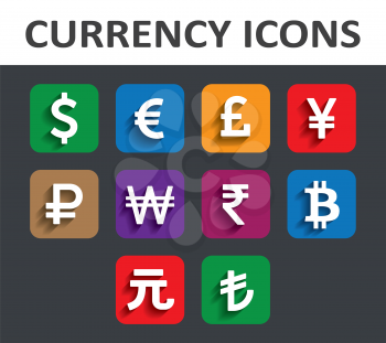 Currency Icons Set with shadow. Vector illustration.