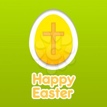 Happy Easter yellow eggs card with cross symbol. Over green background.