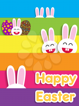 Funny Happy Easter card with bunnies. Vector illustration.
