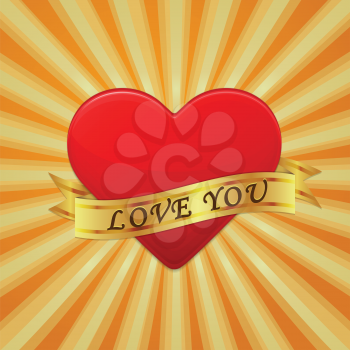 Heart with ribbon and phrase Love You. Vector concept illustration.
